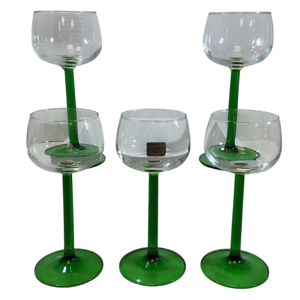 Luminarc France Domino Green Wine Glasses Set of 5 Emerald Green Stem MCM 7.5in